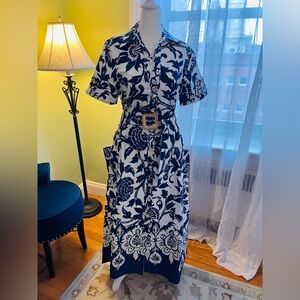 Zara Blue Cuffed Sleeve Sundress with Collar and Side Pockets